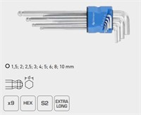 HOEGERT Набор шестигранных Г-образных экстра длинных ключей, с шаровым наконечником 1,5-10 мм, S2, 9 шт.