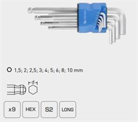 HOEGERT Набор шестигранных Г-образных длинных ключей, с шаровым наконечником 1,5-10 мм, S2, 9 шт.
