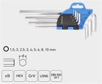 HOEGERT Набор шестигранных  длинных Г-образных ключей 1,5-10 мм, CrV, 9 шт.